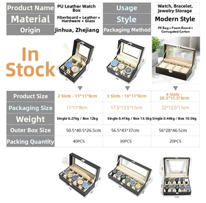 Detailed size specifications table for PU leather watch boxes in 2, 3, and 4-slot models