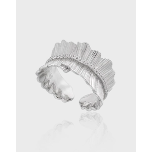 925 Sterling Silver Ring For Women Pleated Ruffle Texture Zircon Inlaid Adjustable Open Band Niche Design Elegant Jewelry