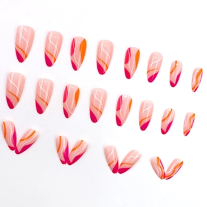 Pink and rose red wavy almond press-on nails with irregular orange and silver glitter lines