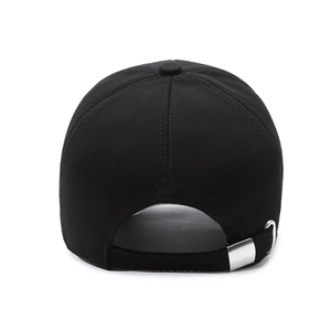 Classic black baseball cap with adjustable silver metal buckle on the back view