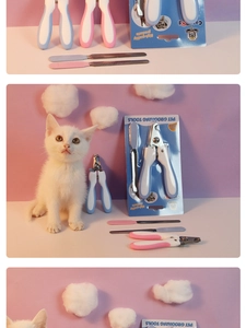 Detail of pink and blue pet nail clippers with files for cats and dogs on purple background