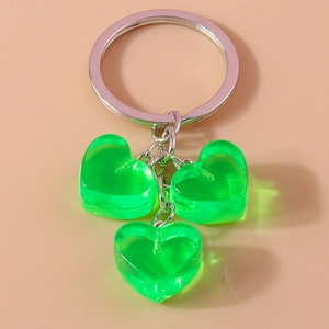 Translucent green resin heart pendants keychain with silver metal chain and ring