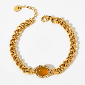Golden stainless steel chain bracelet with amber oval stone and crystal halo detail