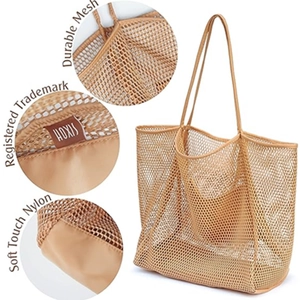 Durable khaki nylon mesh tote bag for beach and travel with soft touch bottom base
