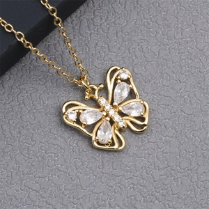 Detailed view of 18K gold plated butterfly pendant necklace with micro-pave cubic zirconia
