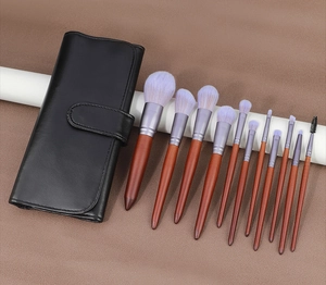Gros plan sur 11 pinceaux de maquillage avec manches en acajou et poils dégradés violets