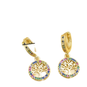 Golden Tree of Life hoop earrings with multicolored zircon stones in a circular design