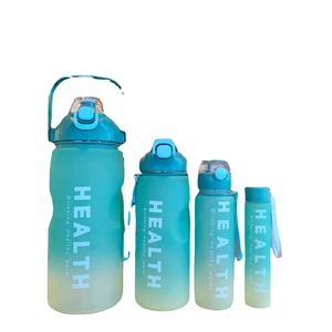 Set of four gradient blue and yellow plastic water bottles with straws and handles