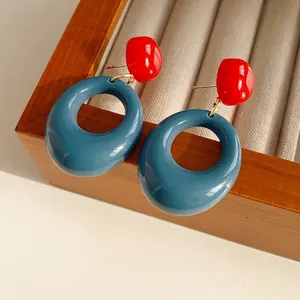 Retro Geometric Dangle Earrings With Resin Alloy And Silver Earring Post Vintage Color Contrast For Women