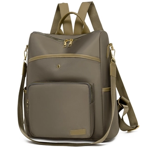 Detail showing high-quality nylon texture and multi-pocket design of the olive green backpack