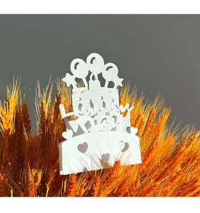 Detailed 3D laser-cut white birthday card with cake design in golden wheat stalks