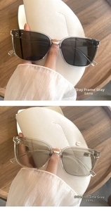 Detailed comparison of gray and green transparent square sunglasses with metal hinges
