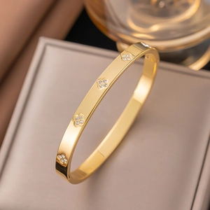 Clover Bangle Bracelet Stainless Steel Rhinestone Hinged Cuff Elegant Jewelry For Women Fashion Accessory