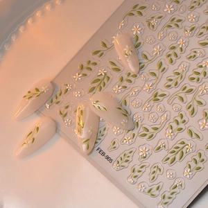 5D minimalist leaf and white daisy nail stickers with 3D embossed floral art design