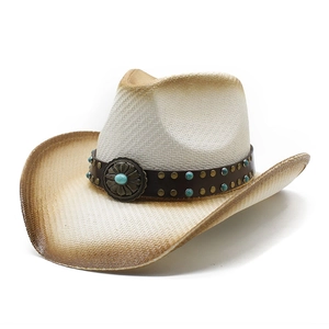 Off-white woven western cowboy hat with brown gradient brim and turquoise beaded leather band