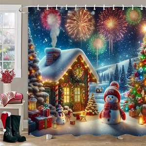 Detailed Christmas shower curtain with snowmen, cabin, and fireworks in a bathroom setting
