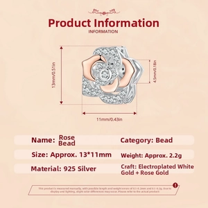 S925 silver rose charm with cubic zirconia details, dimensions 13x11mm and 2.2g weight