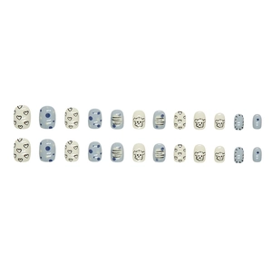 Cute puppy heart press-on nails in sky blue and white, 24pcs short round false nails