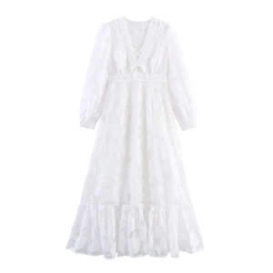 Women Lace Maxi Dress Polyester V Neck Lantern Sleeve High Waist Elegant Tiered Splicing French Style White