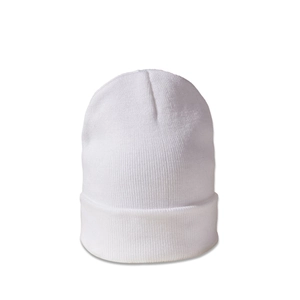 Close-up of white ribbed knit beanie featuring premium soft texture and cuffed hem detail