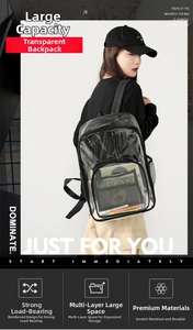 Clear waterproof PVC backpack with spacious interior and black trim on a model