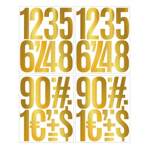 Close-up of 5-inch gold foil letter stickers showing numbers and symbols for party decor