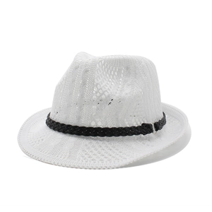 White breathable knitted mesh jazz fedora hat with black leather band and metal buckle