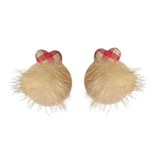 Elegant beige pompom earrings with red plaid heart charm for a stylish women's look