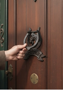 Detail eines antiken Türklopfers aus Gusseisen mit Pferdekopf und Welcome-Schild