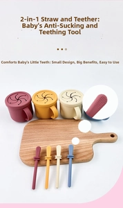 Close-up of food-grade silicone baby cup with textured teething straw in four colors