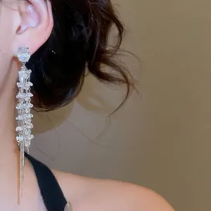 Elegant silver tassel earrings with zircon crystal beads and long metallic fringe chains