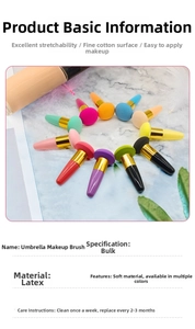 Detail of umbrella makeup sponge pens showing colorful latex heads and metallic ferrule