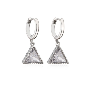 Elegant silver triangle drop earrings featuring large clear zircon and beaded edge detailing
