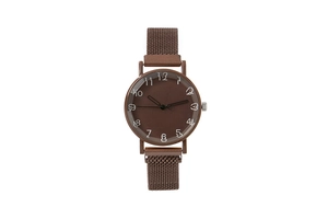 Macro shot of brown quartz watch with matte dial and magnetic mesh strap detail