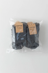 Detail of dark grey knit cotton socks in packaging with labels showing material and size