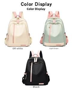 Three minimalist nylon backpacks in off-white, light green, and black on white background