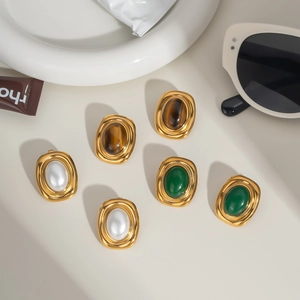 French vintage titanium steel earrings with natural stones and gold-plated finish