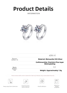 Detailed spec sheet showing 925 silver 4-prong moissanite hoop earrings with 1ct main stone