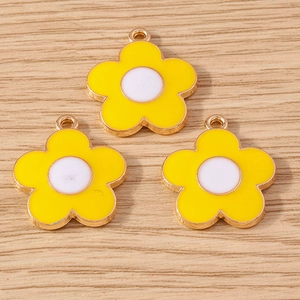 Three yellow and white daisy enamel flower pendants with gold plating for DIY jewelry