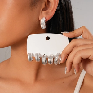 Set di 6 orecchini geometrici in argento e acrilico su modella e scheda espositiva