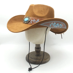Detailed embroidery and turquoise inlay on brown faux suede western cowboy hat