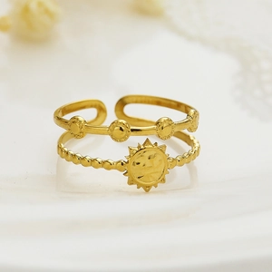 Double layer 18k gold plated stainless steel open ring with sun motif and beaded band