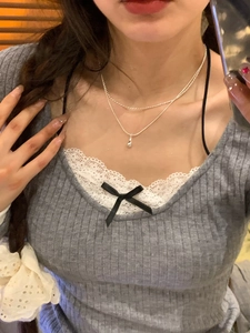 Silver water drop double-layer necklace shown on a model neck via mirror selfie style