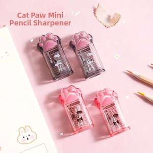 Macro view of cute cat paw manual pencil sharpeners with sequins and meow illustration
