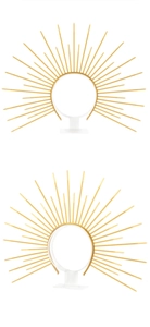Detailed view of the golden sunburst headband with metallic zip tie spikes on a stand