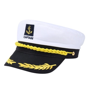 White sailor captain hat with golden anchor embroidery and decorative rope trim