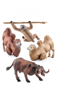 Detailed close-up of realistic camel, buffalo, and gibbon animal model figurines