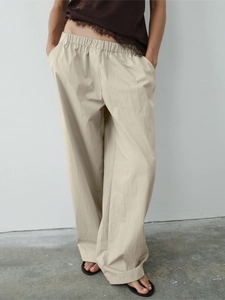 Women Pure Cotton Wide Leg Pants Elastic Waist Casual Straight Trousers Minimalist Solid Color With Pockets