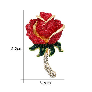 Detail shot of red rose brooch with rhinestones showing 5.2cm height and 3.2cm width