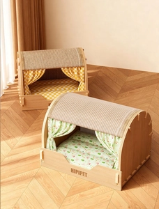 Closed wooden cat bed with sisal roof and fabric curtains in two patterns